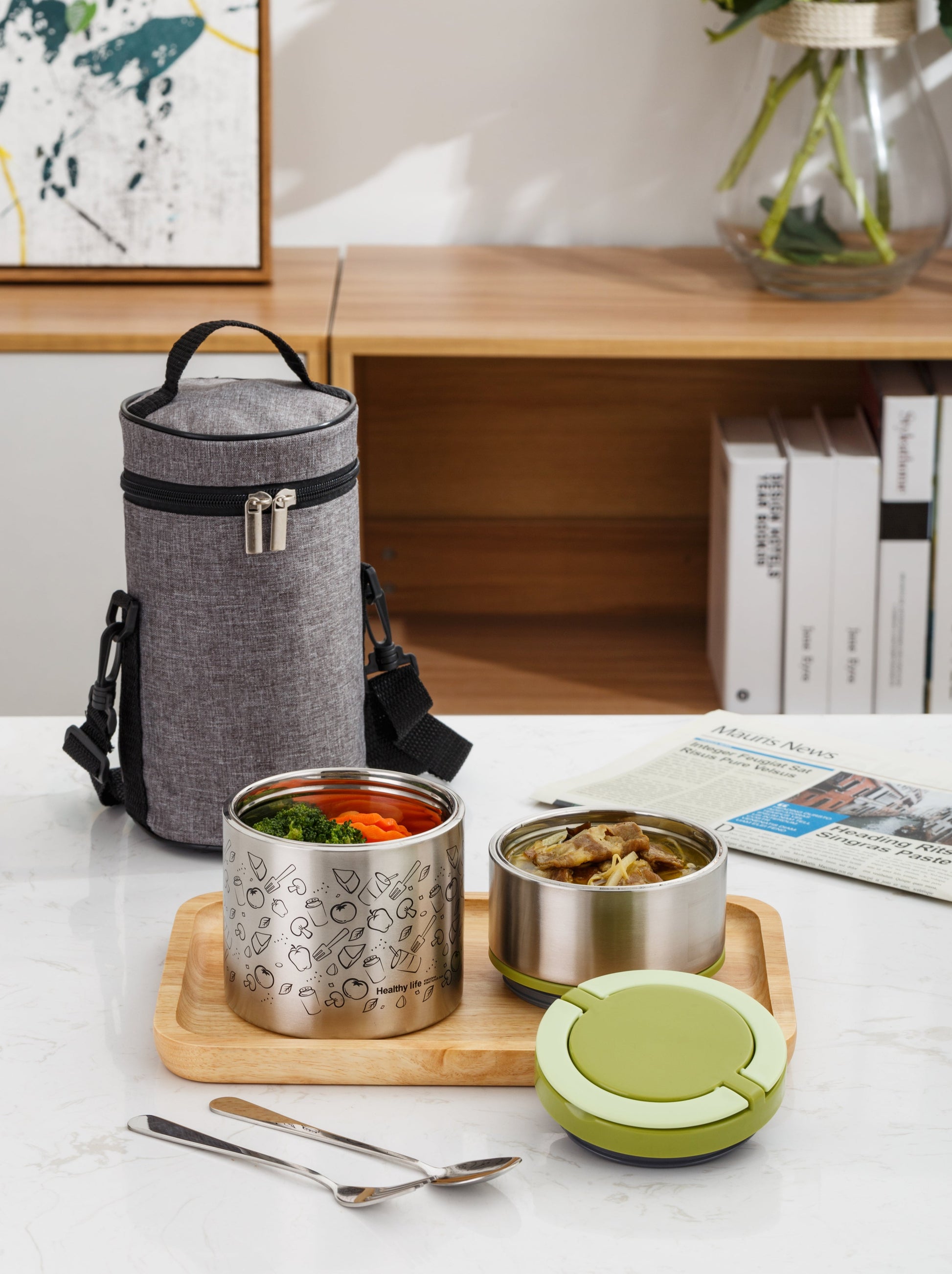 Stackable Thermal Containers Stainless Steel Leak-Proof Lunch Storage Box  2-Tier Vacuum Insulated Thermos Hot